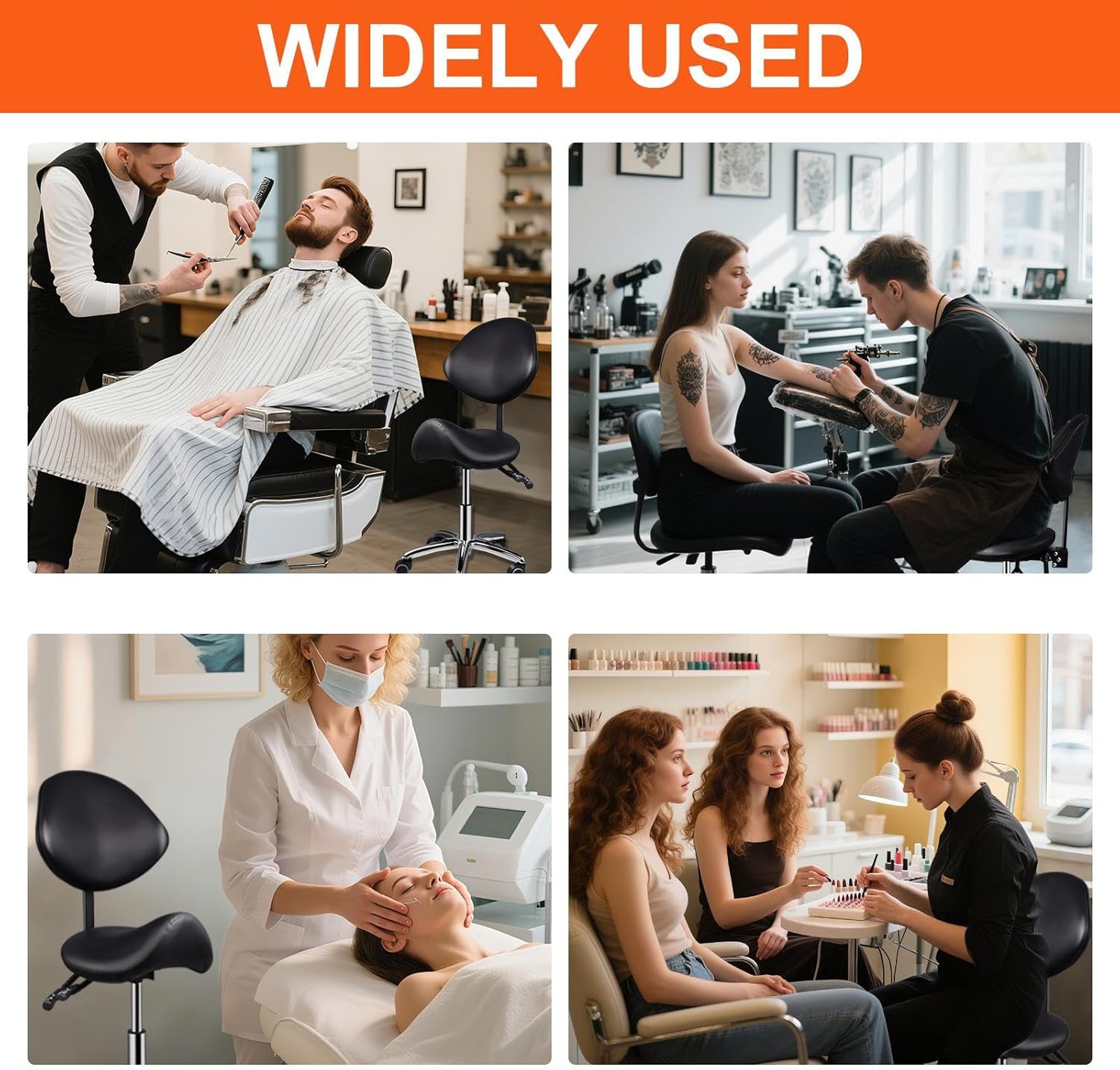 Saddle Stool Chair Adjustable Height, Rolling Stool with Wheels, Saddle Stools with Back Support for Salon Beauty Clinic Dentist Home Office, Black