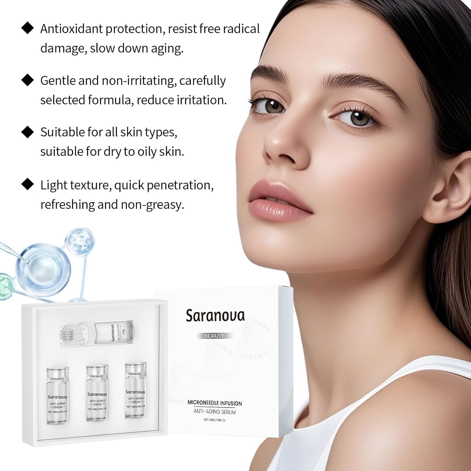 Original Saranova Micro Infusion System for Face, Moisturizing Serum Smooth Skin Facial Serum At-Home Hydrating, Face Serum and Stamp, 1 Month supply
