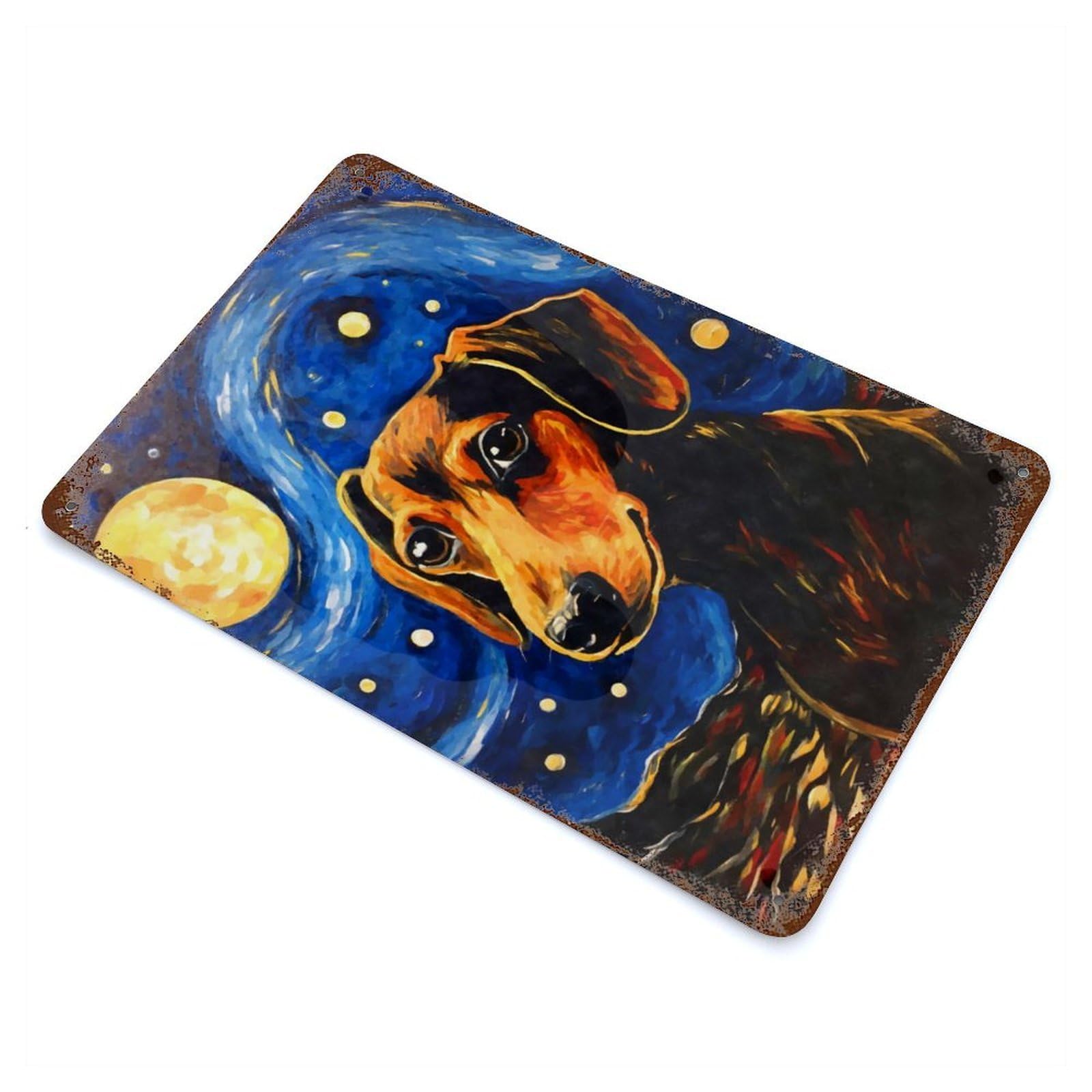 Aged Metal Wall Plaque with Dachshund Starry Night Design 11.8"x7.9", for Basement, Hobby Room And Garage Decor, Farmhouse Wall Decor