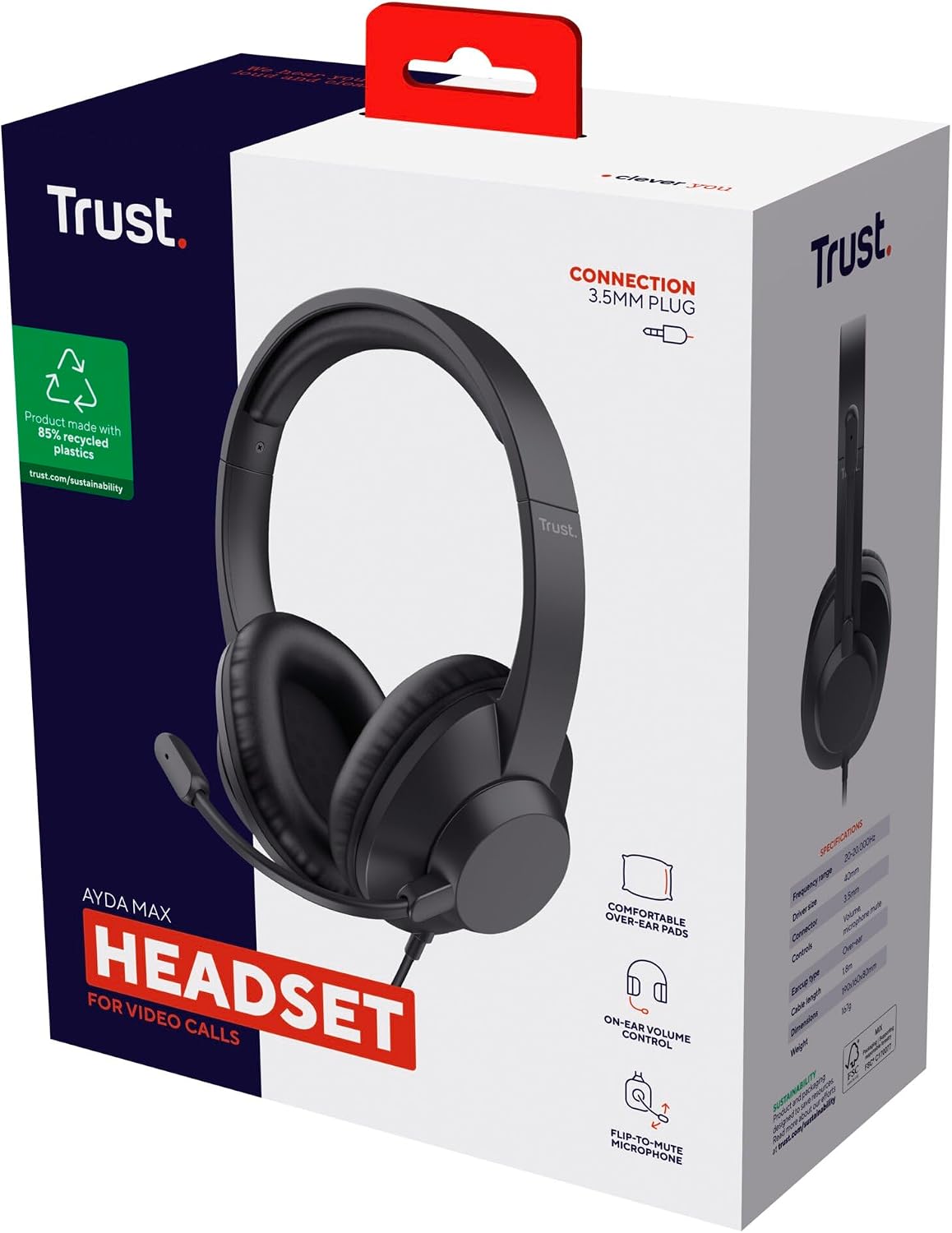 Trust Ayda MAX Auriculares con Cable 3.5mm Over Ear con Micrófono, 85% Plástico Reciclado, Cable 1,8 m, Cascos con Cable Circumaurales Oficina PC Ordenador Portátil Laptop Teams Zoom, Negro 15