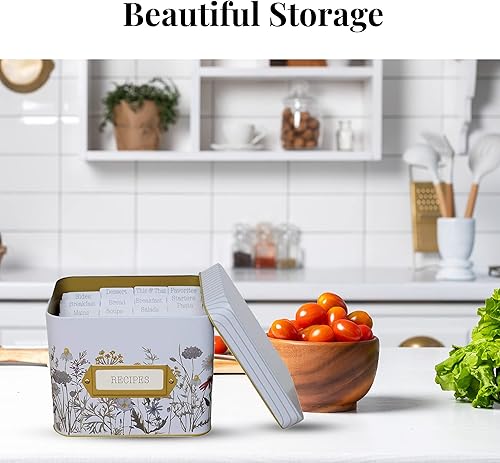 Vista 5 de SENSORY4U - Caja de almacenamiento para recetas de hojalata con tarjetas - Estampado de flores silvestres - Incluye 100 tarjetas de 4x6 y 12