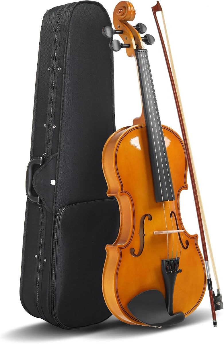Ktaxon Full Size 4/4 Acoustic Violin Upgrade Solid Wood, Natural | Portable Case, Finger Guide Sticker, Polishing Cloth, Mute, Extra Strings, Shoulder Rest, Rosin and Bow