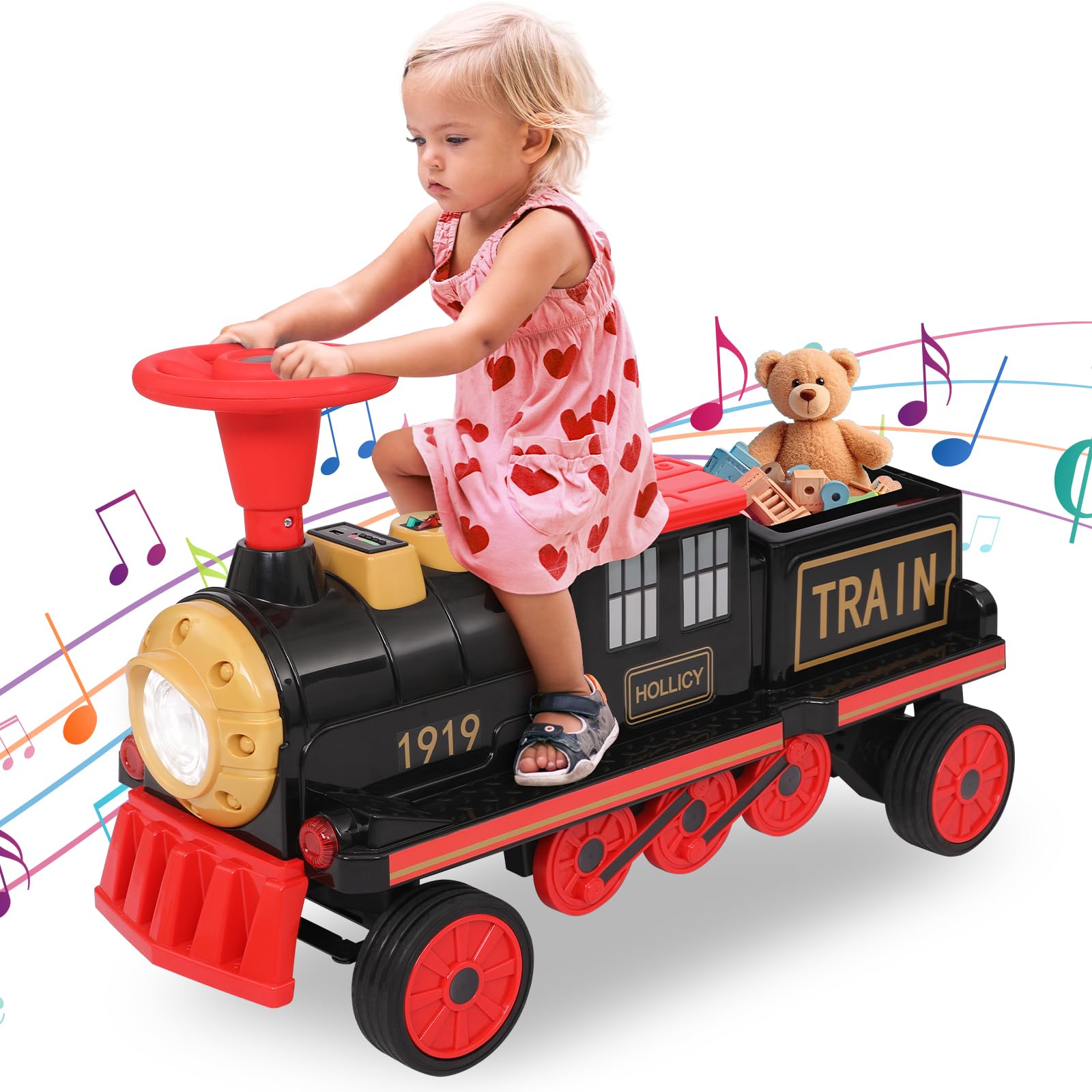Arlopu Ride on Train for Toddlers Aged 3+, 12 V Kids Electric Train Toy 2 Seats, Track-Less Train Set w/Storage, Headlight, Train Whistle, Music, Birthday (Red)