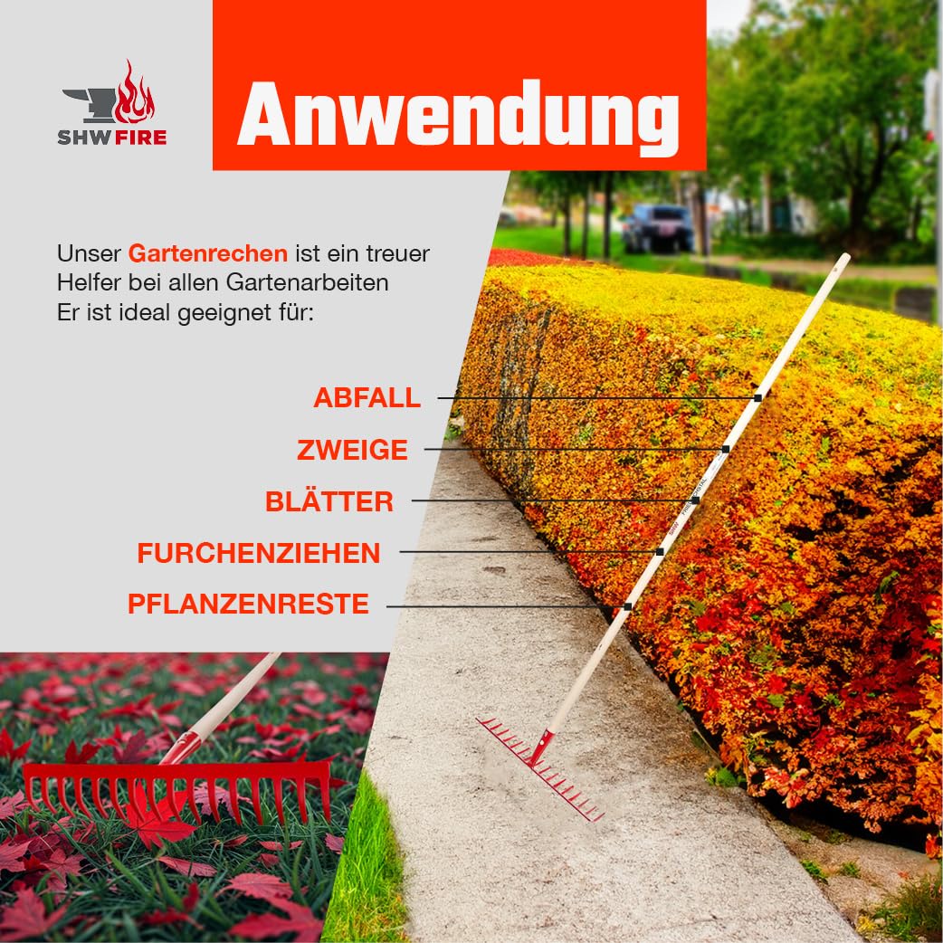 SHW-FIRE 16-Zinken Gartenrechen, 42 cm Rechenbreite, 150 cm Espenholzstiel