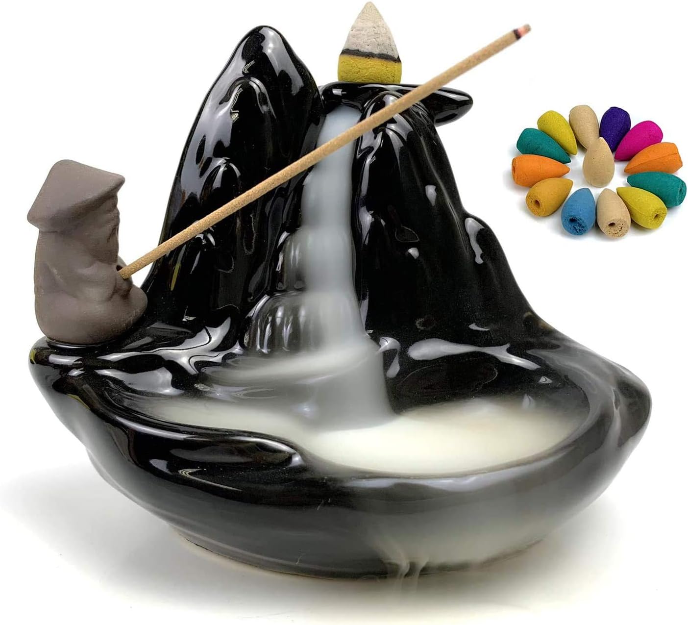 Backflow Incense Holder Waterfall Cone, Figurine Home Decor Ceramic Incense Burner Handcrafted Porcelain Censer Inscent Stick Stand with 10 Free Cones