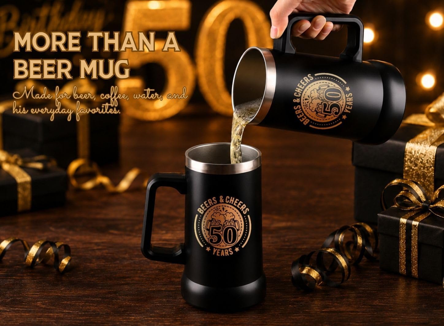 50th Birthday Gifts for Men, Beers & Cheers to 50 Years, 24 oz Insulated Beer Stein Mug with Handle, Stainless Steel Tumbler, 50 Birthday Present for Dad, Husband, Brother, Friend, Black