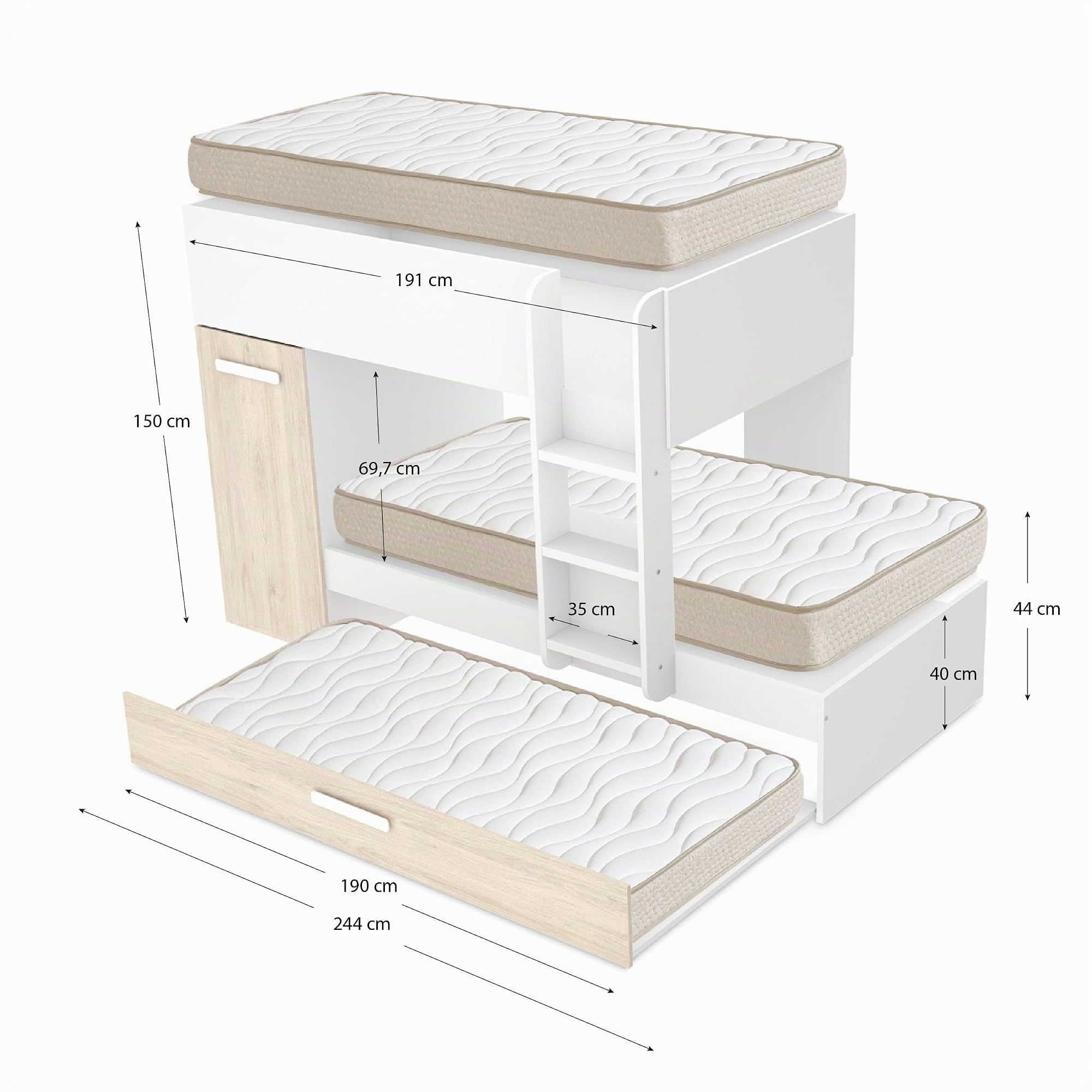 DEKIT - Pack Ahorro Juvenil Cama Tren Triple Tom con 3 Colchones viscoelásticos Nova 90 x 190 cm