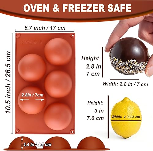 Miniatura 6 de Paquete de 3 moldes de silicona extra grandes de 5 cavidades, molde de media esfera antiadherente para hacer bombas de chocolate caliente de gran