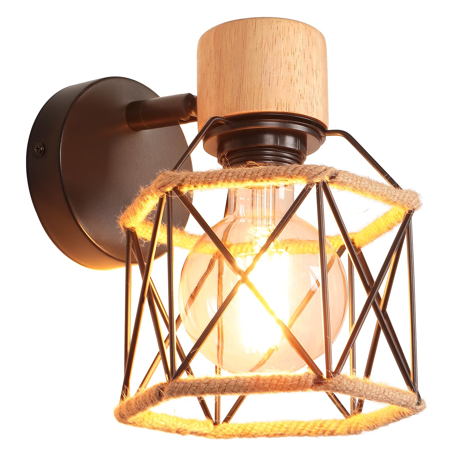 iDEGU Industrial Wall Light Metal Cage Design Wood Wall Lamp with Hemp Rope Adjustable Vintage Indoor Wall Sconce E27 Ceiling Light for Bedroom, Hallway, Living Room (15cm, Type A, Black, 1 Pack)