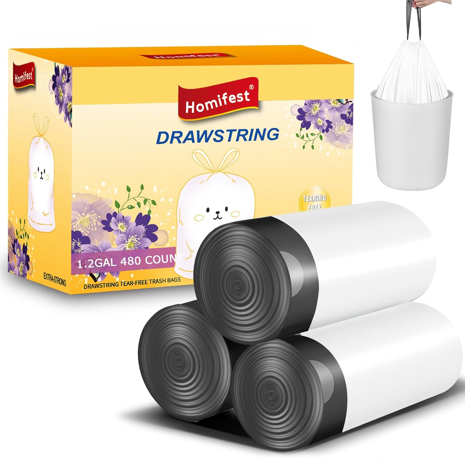 1.2 Gallon Drawstring Trash Bags,480 Count White