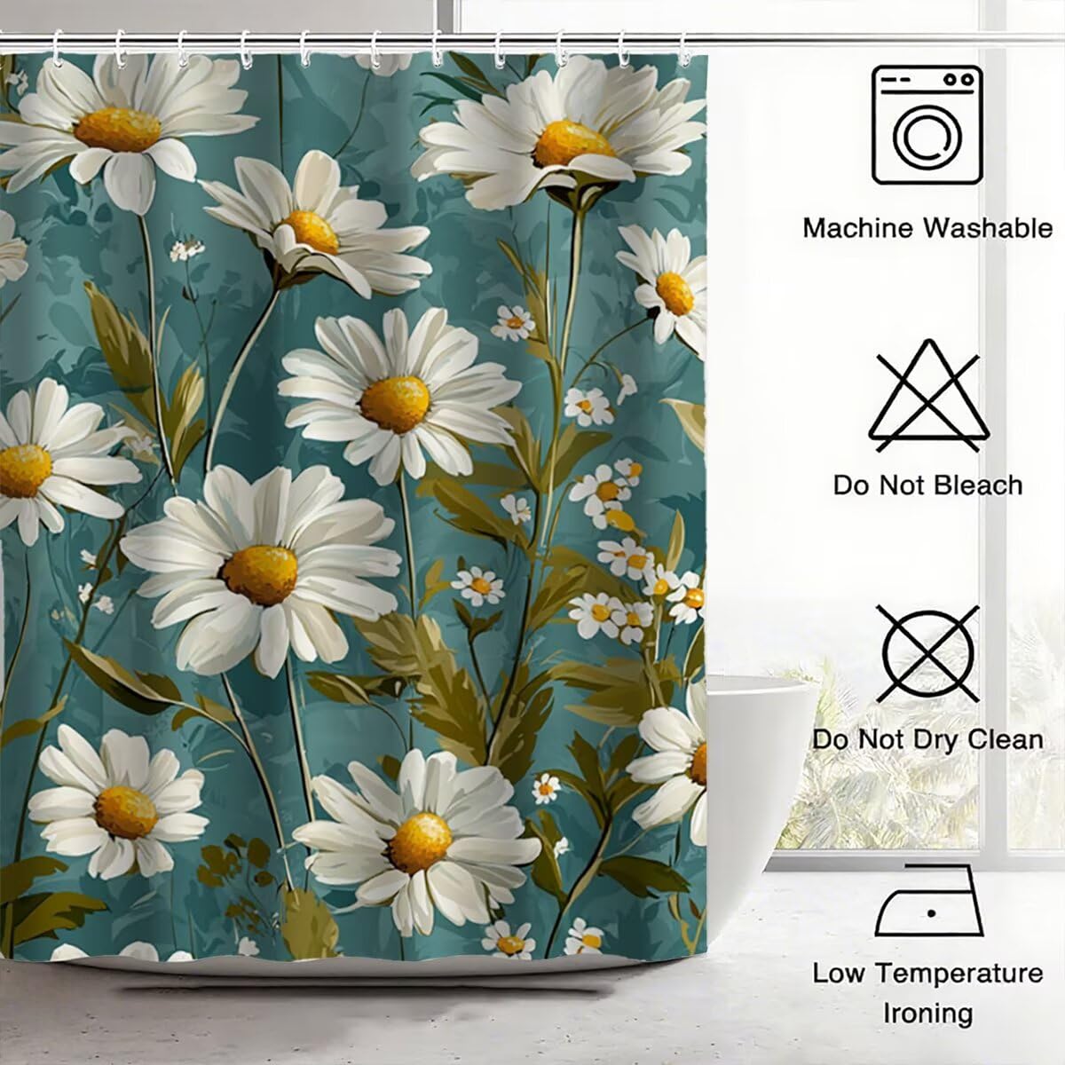 Duschvorhang Blaugrün Duschvorhang 240x200, Duschrollo Blumen Shower Curtains Beschwerter Saum, Duschvorhänge Badewanne Waschbar Polyester Stoff, Wasserdicht mit 12 Haken, Geschenke für Frauen -2867