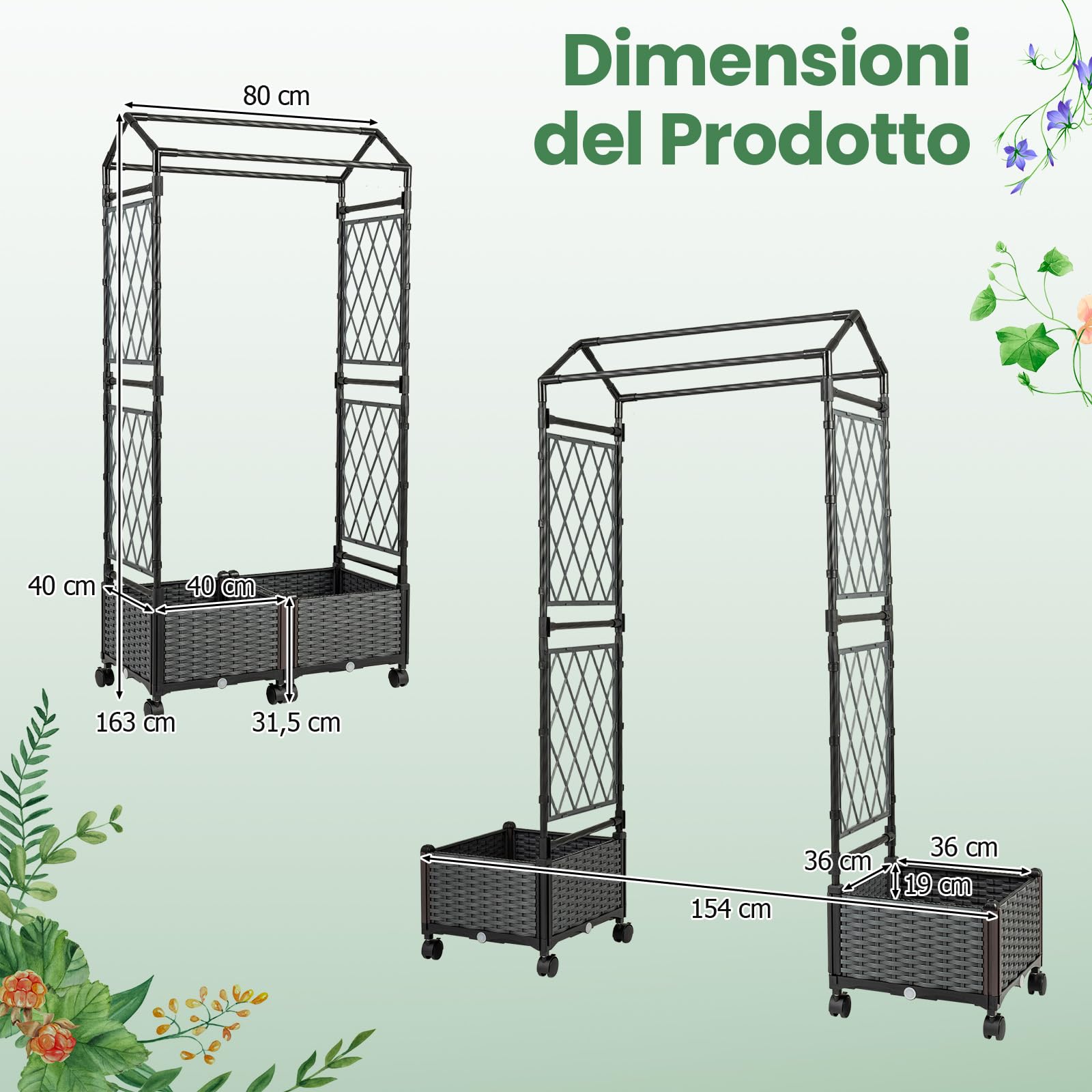COSTWAY Fioriera Rialzata da Giardino con Grigliato, Tetto, Ruote Bloccabili e Irrigazione Automatica, Letto da Giardino Rialzato Alto in Rattan Impermeabile per Piante Rampicanti (Grigio)