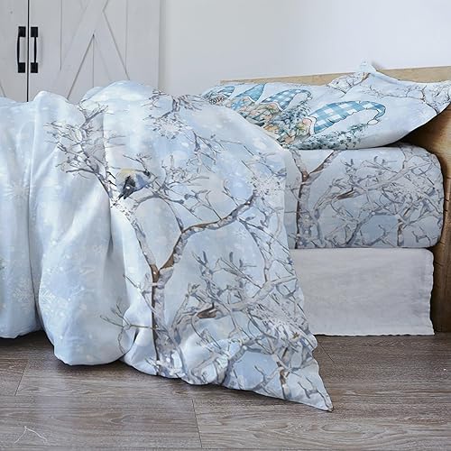 Miniatura 4 de Juego de funda de edredón tamaño California King, juego de funda de edredón de 4 piezas de gnomos azules, juegos de ropa de cama de árbol de Navidad