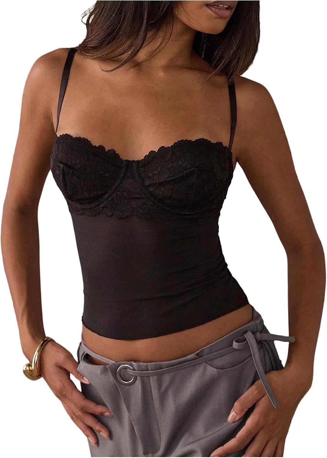 SOLY HUX Women's Floral Lace Trim Camisole Spaghetti Strap Fitted Shirt Top Summer Crop Cami Tops