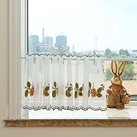 Vista 2 de HM&DX Cortina corta con bordado floral de encaje, cenefa de encaje rústico, estilo pastoral, sin perforación, cenefa de ventana para cocina, Hilo