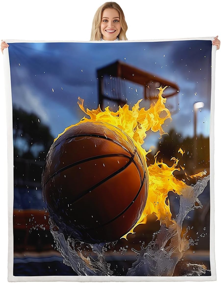Feelyou Basketball Sherpa Blanket Plush Fuzzy 3D Flame Ball Print Fleece Throw Blanket Boys Girls Sports Theme Fire Water for Bed Couch Chair Living Room Bedroom Decor Queen 90"x90"