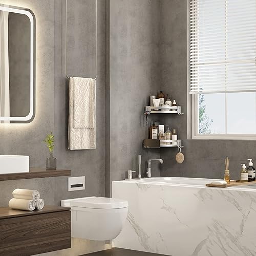 Miniatura 2 de VOLPONE Estantes esquineros para ducha con ganchos, organizador de bañera a prueba de óxido, sin taladros (montaje adhesivo, sin ventosa), soporte
