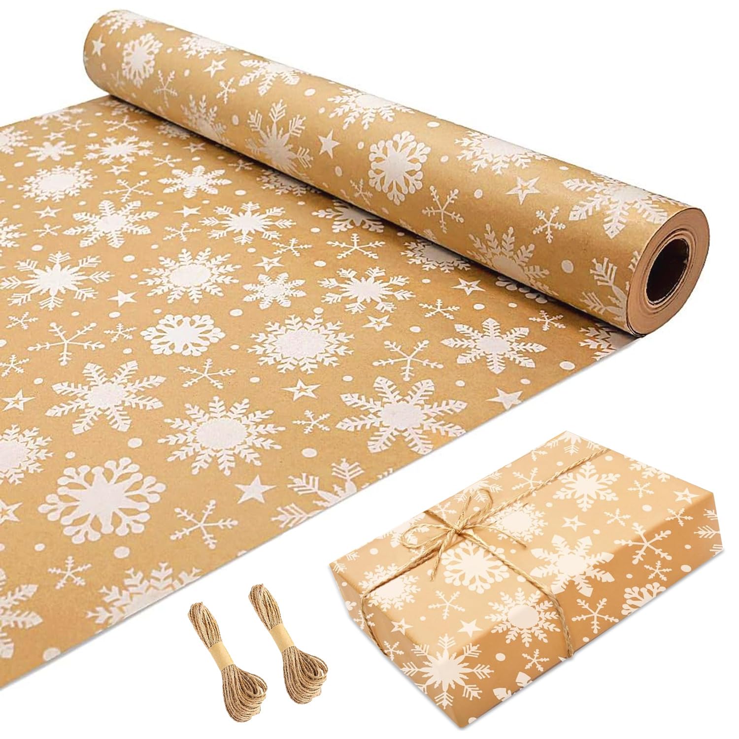 Christmas Wrapping Paper Roll (43cmx15m Snow) Recyclable Brown Kraft Xmas Wrapping Paper Brown Craft Paper with Snowflake Design for Gifts