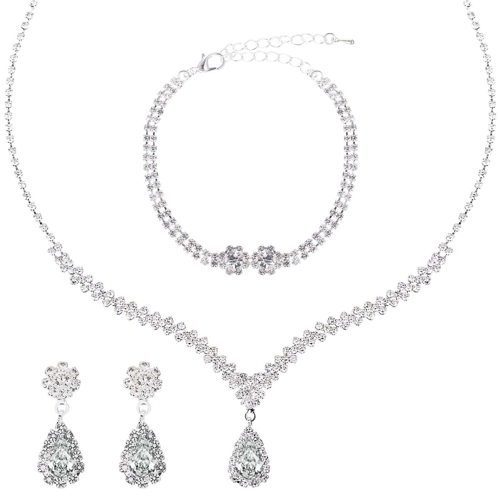 Yolev Conjunto de Joyería Nupcial de Plata Collar de Diamantes de Imitación Pulsera Pendientes Colgante Novia Dama de Honor Cristal Boda Baile Accesorios Conjunto Joyas Mujer de Fiesta para Bodas Niñas