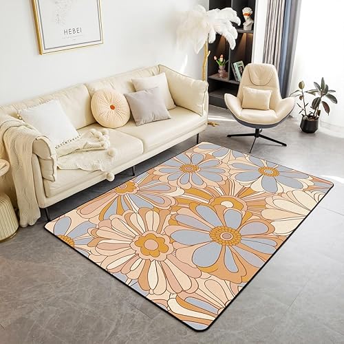 jejeloiu 70s Retro Flowers Living Room Rugs for Bedroom for Kids Boys Girl Area Rug 5x7,Watercolor Blue Floral Decor Carpet,70s Trippy Daisy Soft
