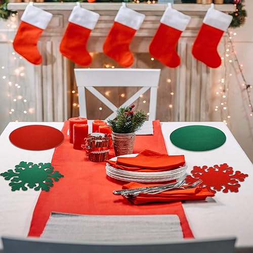 Miniatura 3 de Boao Juego de 8 manteles individuales y posavasos de Navidad de 11.8 pulgadas, tapete redondo de copos de nieve de Navidad rojo y verde, tapete de