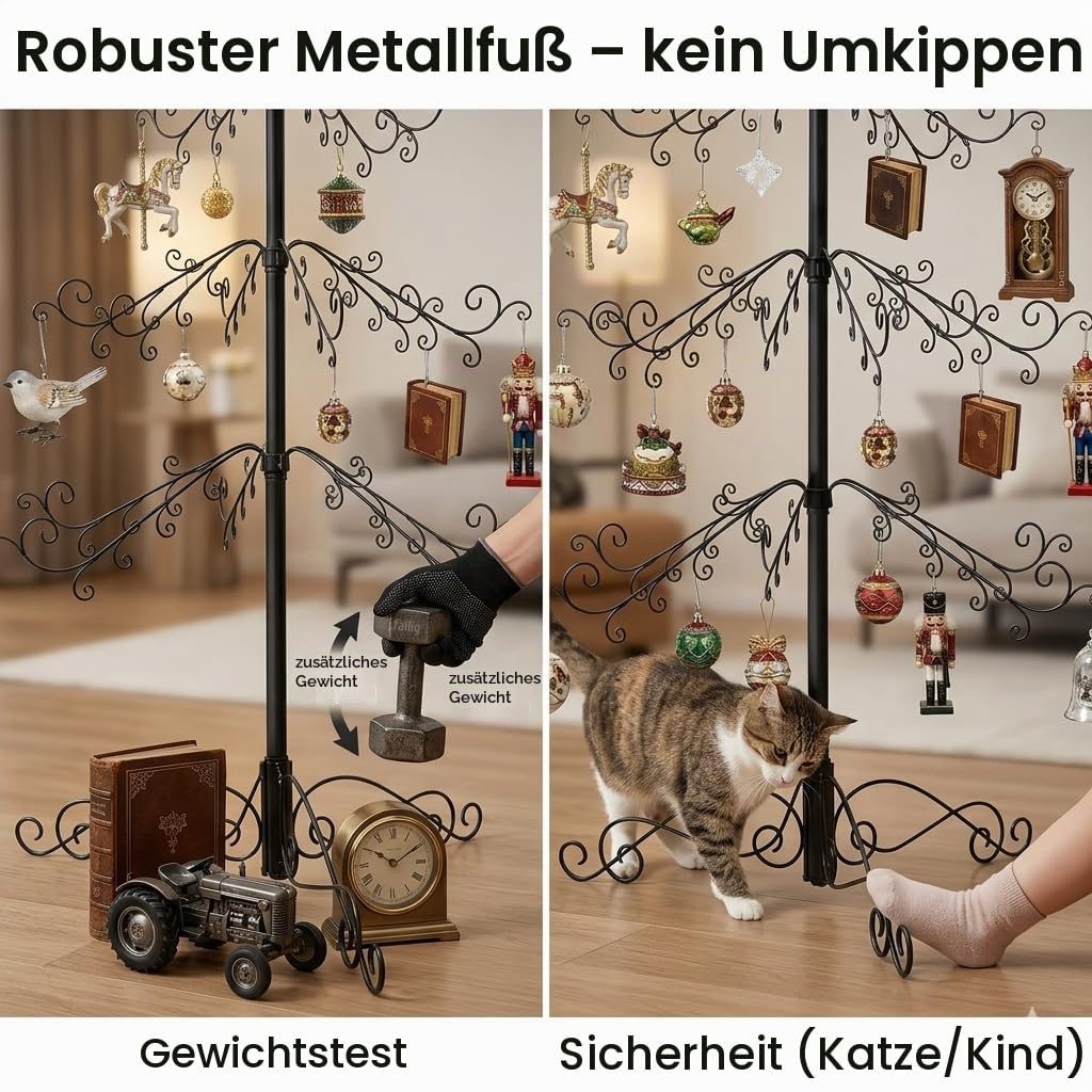 HOHIYA Metall Weihnachtsbaum 196 cm Schwarz Kugelhalter Modern | Moderne alternative Tannenbaum-Dekoration für Kugeln, Kristalle und festliche Innenraumgestaltung ohne Nadeln oder Pflege.