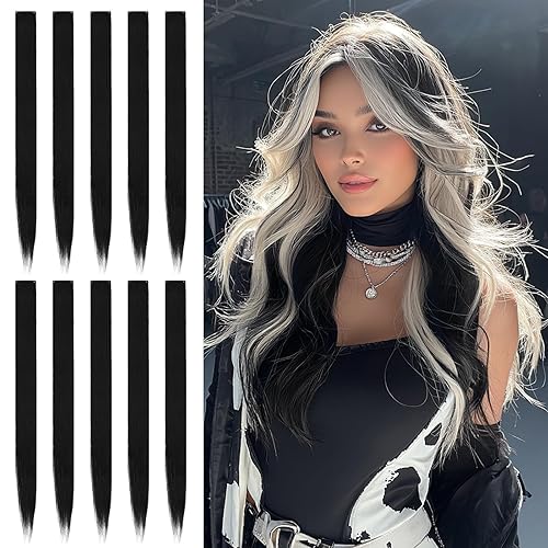 SOFEIYAN Extensiones de cabello negro con clip, 10 unidades, extensiones de cabello negro de 22 pulgadas, extensiones de cabello sintético de color