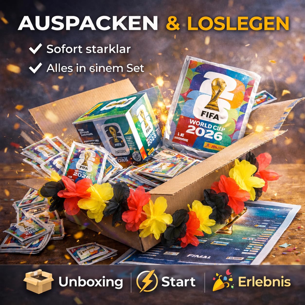 XXL Fan Starterset WM 2026 – Original Panini Sticker Album, Extra 1x Spielplan & Deutschland Blumenkette (10 Tüten / 70 Sticker Set) Eigenmarkenbundle