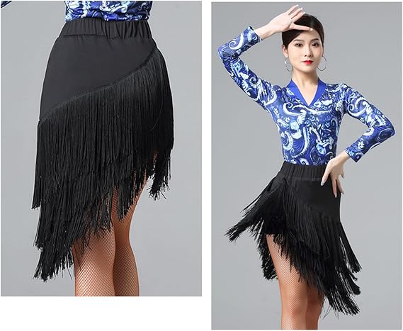 Z&X Women's Latin Salsa Dance Skirt Hi-Lo Fishbone Ruffle Swing Skirt Ballroom Fringe Dancing Skirts with Shorts