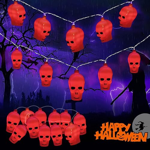 Guirnalda de luces decorativas de calavera de Halloween, 20 LED, para exteriores e interiores, con control remoto, impermeable, funciona con pilas,