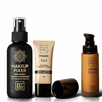 Beauzy Makeup Combo Kit – 3 in 1 Face Primer 20ml, True Skin Serum Foundation 30ml & Makeup Fixer Spray 60ml | Long Lasting, Hydrating, Non-Sticky Finish with Vitamin E & Aloe Vera