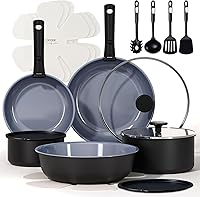 CAROTE 19-Piece Ceramic Non-Stick Cookware Set with Detachable Handles - Black/Gray, Induction Ready, Space-Saving Pots & Pans