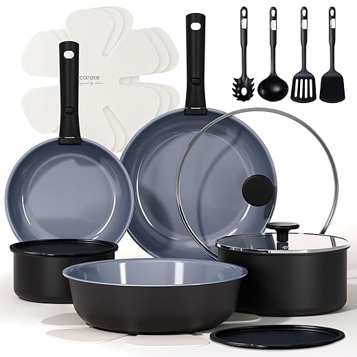 CAROTE 21pcs Pots and Pan Set, Nonstick Induction Cookware Detachable Handle,Cookware Set with Removable Handle