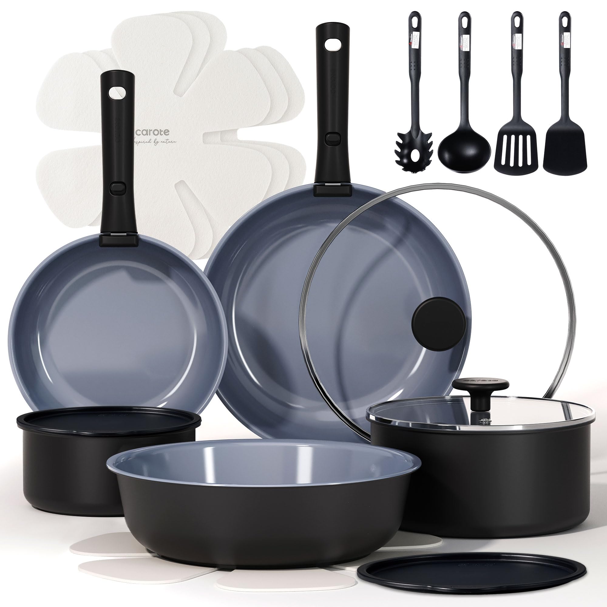 CAROTE 19PCS Ceramic Cookware Sets, Black and Gray, Pots and Pans Set Non Stick Non Toxic, Induction Cookware, Kitchen Cookware Sets, Pots Set for Healthy Cooking