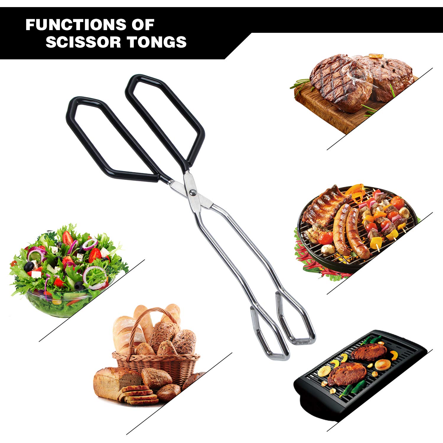 MSY BIGSUNNY Stainless Steel Scissor Tongs Heavy Duty Cooking Tongs with Soft Handles (2, Black 11" +11") - Image 3
