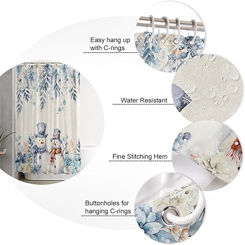 Miniatura 5 de Cortina de ducha de Navidad para baño, 72 x 78 pulgadas, diseño de muñeco de nieve azul de Navidad, diseño de flor de eucalipto con ganchos,