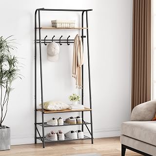 IDEALHOUSE Coat Rack Shoe Bench with 5 Hooks, Hall Trees Entryway Bench with Storage, Multifunctional Hallway Organizer, Wood Look Accent Furniture with Metal Frame for Entryway, Living Room, Bedroom