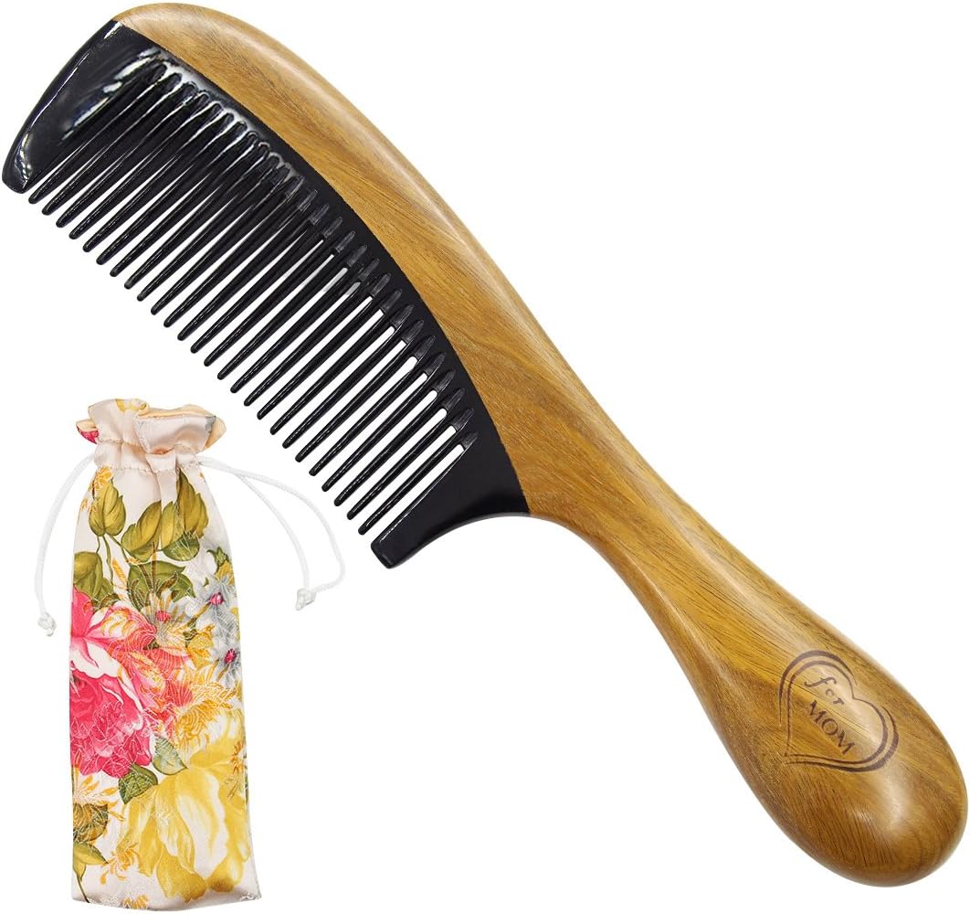 Wood Hair Combs for Women Carving 'For Mom' - Green Sandalwood Handmade with Natural Buffalo Horn Fine Teeth - No Static Wooden Detangling Combs(Buffalo Horn Fine Teeth for mom)