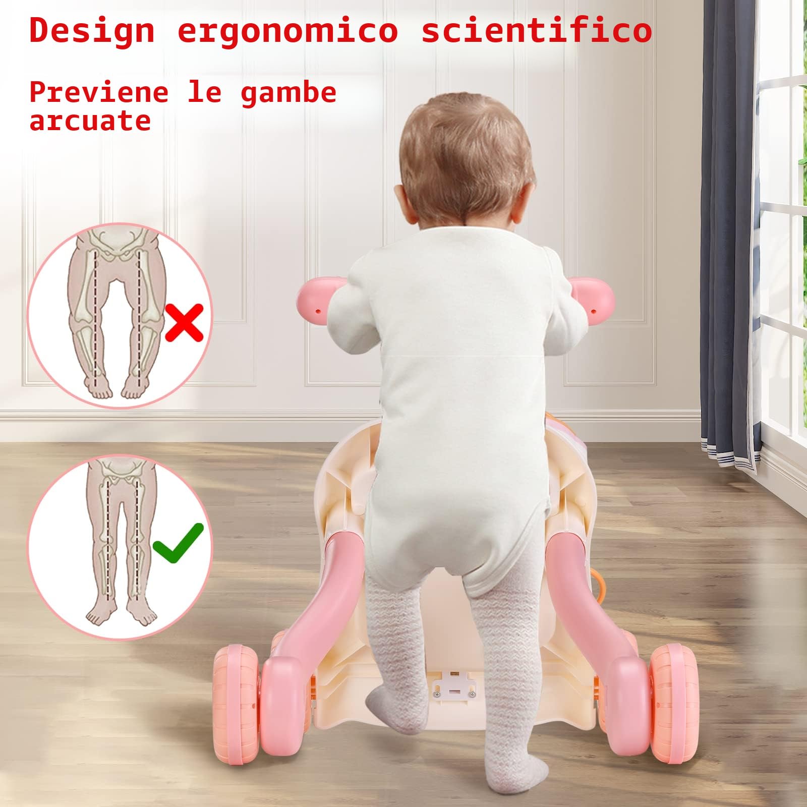Girello 2 in 1 per sedersi e stare in piedi per bambini da 6 a 36 mesi, carrello per bambini, centro di attività educativa precoce, piastra di gioco rimovibile, Rosa