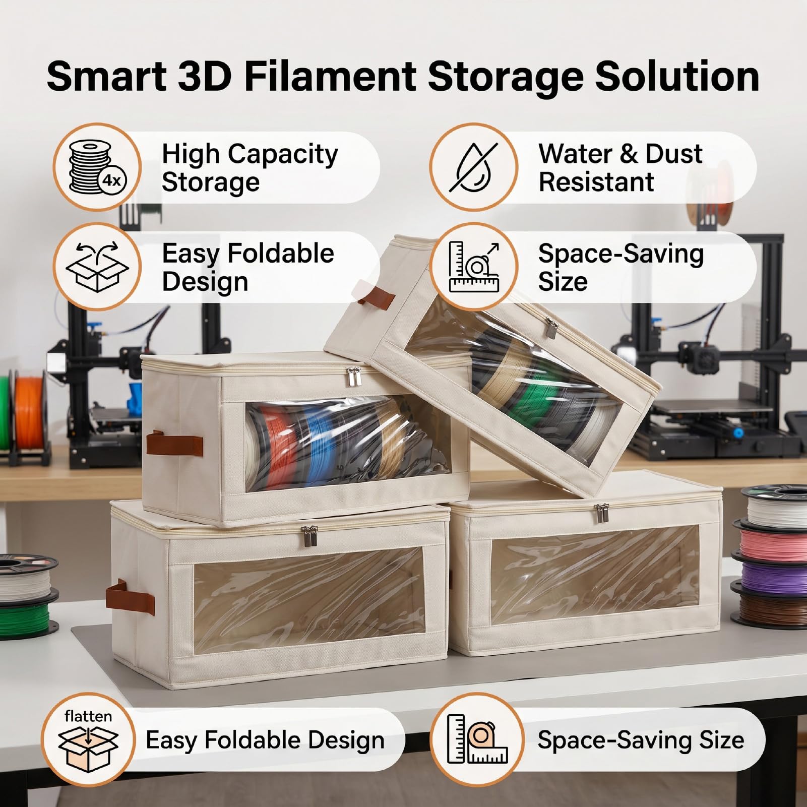 Filament-Aufbewahrungsbox, 4er-Pack, Faltbar, Wasserdicht, Transparent, 3D-Drucker-Filament-Trockenbox, Fasst Bis zu 24 Rollen, Druckzubehör-Halterregal für Zuhause, Büro (Beige)