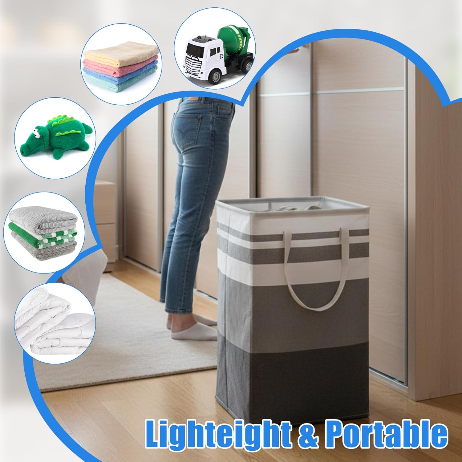 4 Pcs 75L Large Laundry Basket, Freestanding Waterproof Laundry Hamper Collapsible Clothes Basket with Easy Carry Handles Collapsible Clothes Organizer for Bedroom Bathroom Dorm Family, Grey