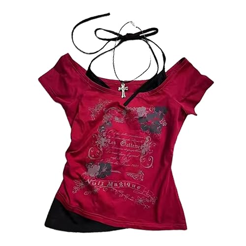 Baby Tee Y2k Women Grunge Top Emo 2000s Vintage Fake Two Piece Short Sleeve T Shirt Crop Tops Teens - Red - Medium