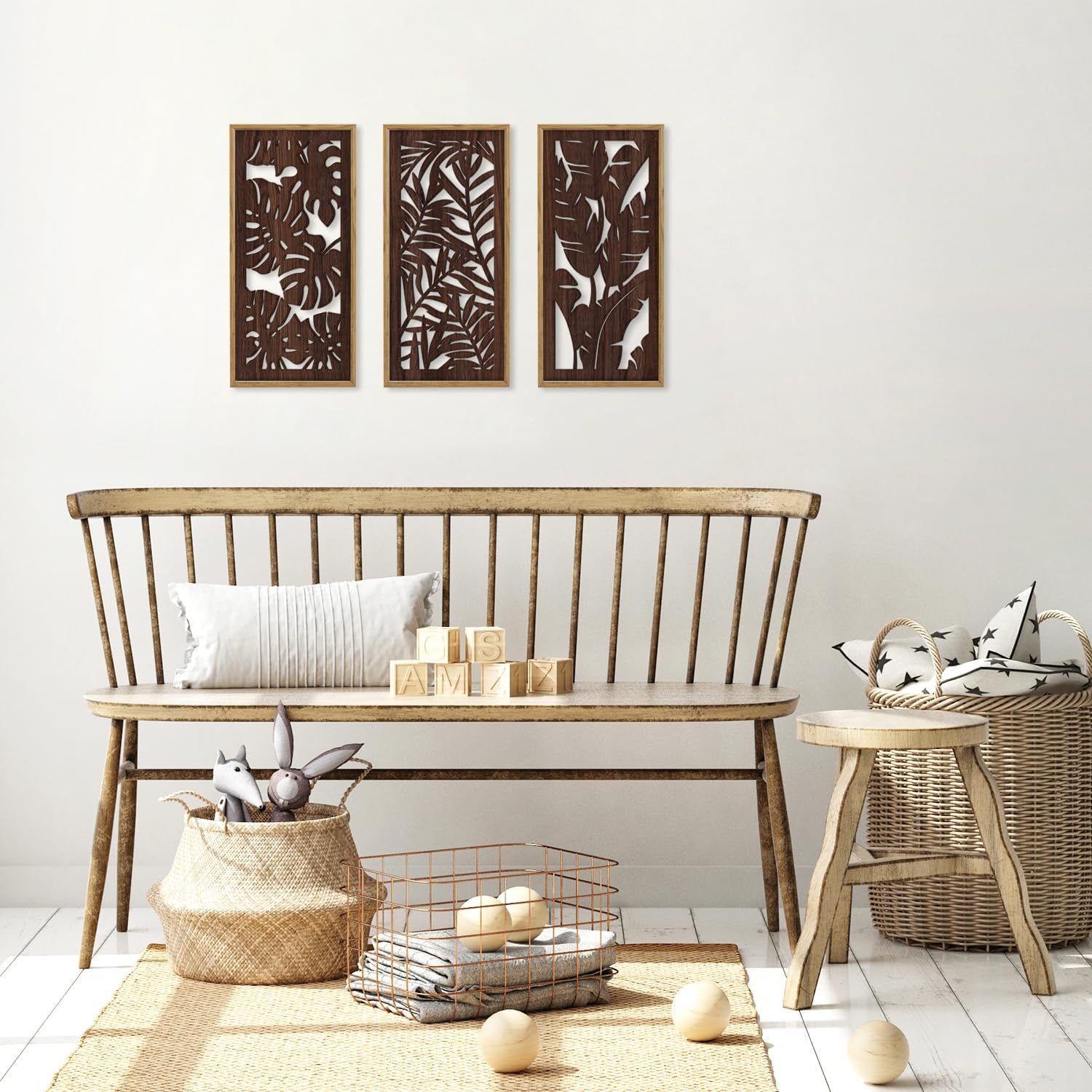 HPNIUB 3PCS Tropical Wall Decor, Rustic Palm Leaf Wooden Sign for Bathroom, Vintage Leaf Plant Hanging Wood Plaque Wall Art Nature Picture for Home Office Living Room Decoration(8x16Inch)