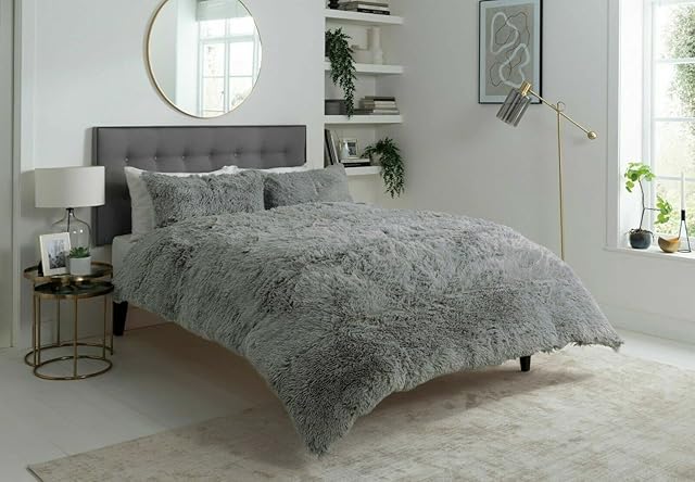 L S U Teddy Bear Hug & Snug Shaggy Duvet Cover Set Warm Fleece Christmas Bedding Set (Silver, Double)