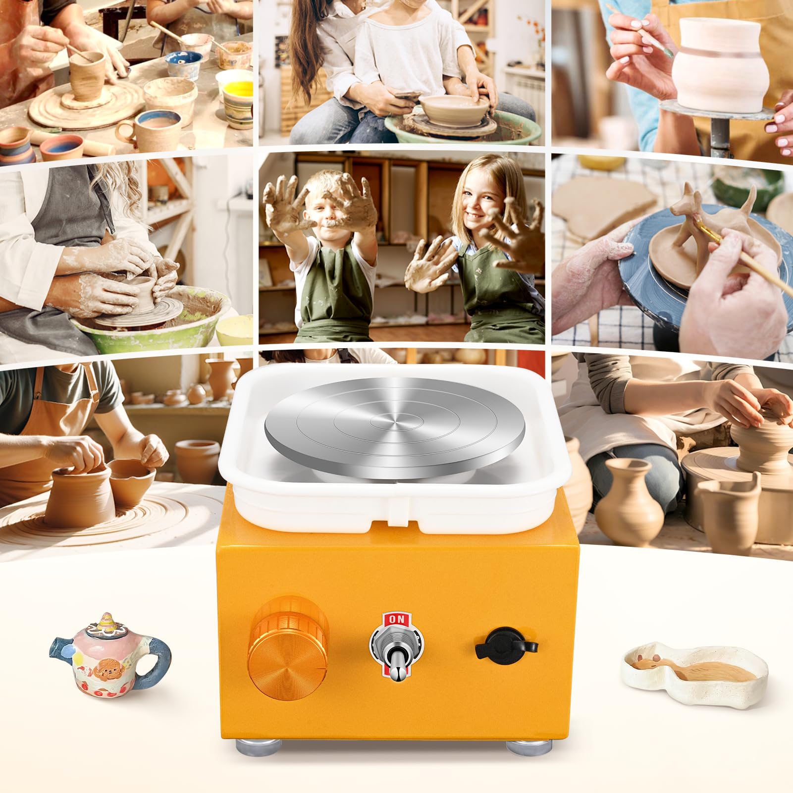 Tour de Potier, Kooeuru Tour Poterie 2000 tr/min Vitesse Réglable avec Plaques de 10/6,5 cm, Outils de Façonnage et Bassin Amovible, Tour Potier Poterie Enfant et Adultes (Jaune)