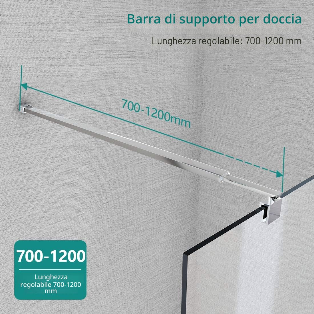 EMKE Barra di supporto telescopica in acciaio inox, per doccia, doccia, pannello bagno, adatta per vetri da 8-10 mm, 700 mm a 1200 mm