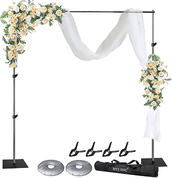 HYJ-INC Pipe and Drape Photography Backdrop Stand Kit Adjustable Photo Background Stand 10ft x 8.5ft with Metal Base for Parties Weddings Birthday Party Events Photo booth With 4 Clamps,Carrying Bag.