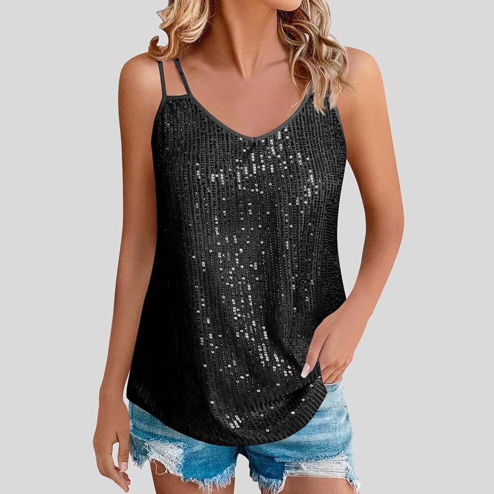 Sequin Tops for Women V Neck Tank Tops Sparkly Glitter