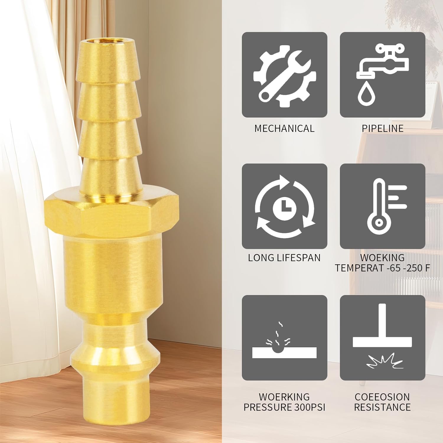 ChillWaves Brass Industrial Type M/D Air Hose Fittings, 1/4" Barb x 1/4" Flow Air Plug，Quick Connect Air Hose Fittings with Hose Clamp(10-PACK)