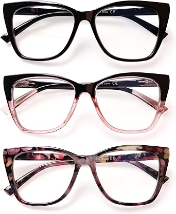 3 Pack Reading Glasses for Women Blue Light Blocking Readers Fashion Cat Eye Eyeglasses Spring Hinge